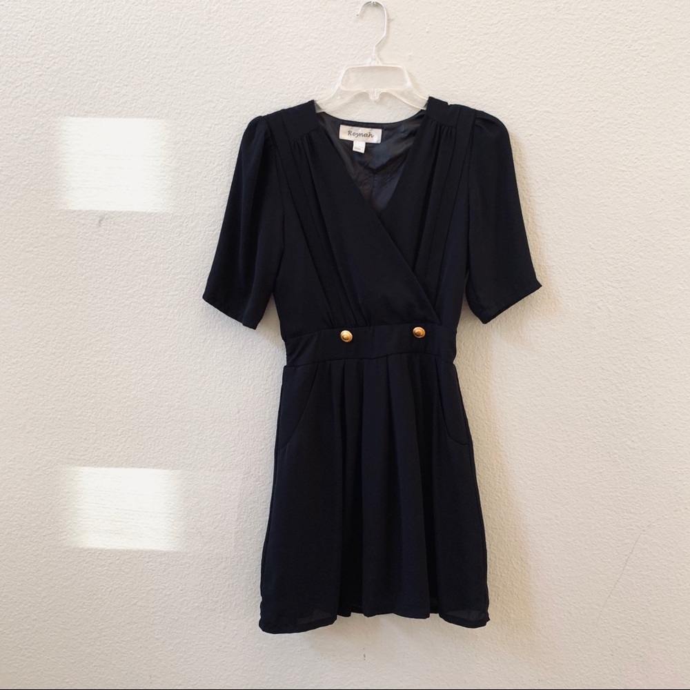 REYNAH black v-neck gold button mini dress S
